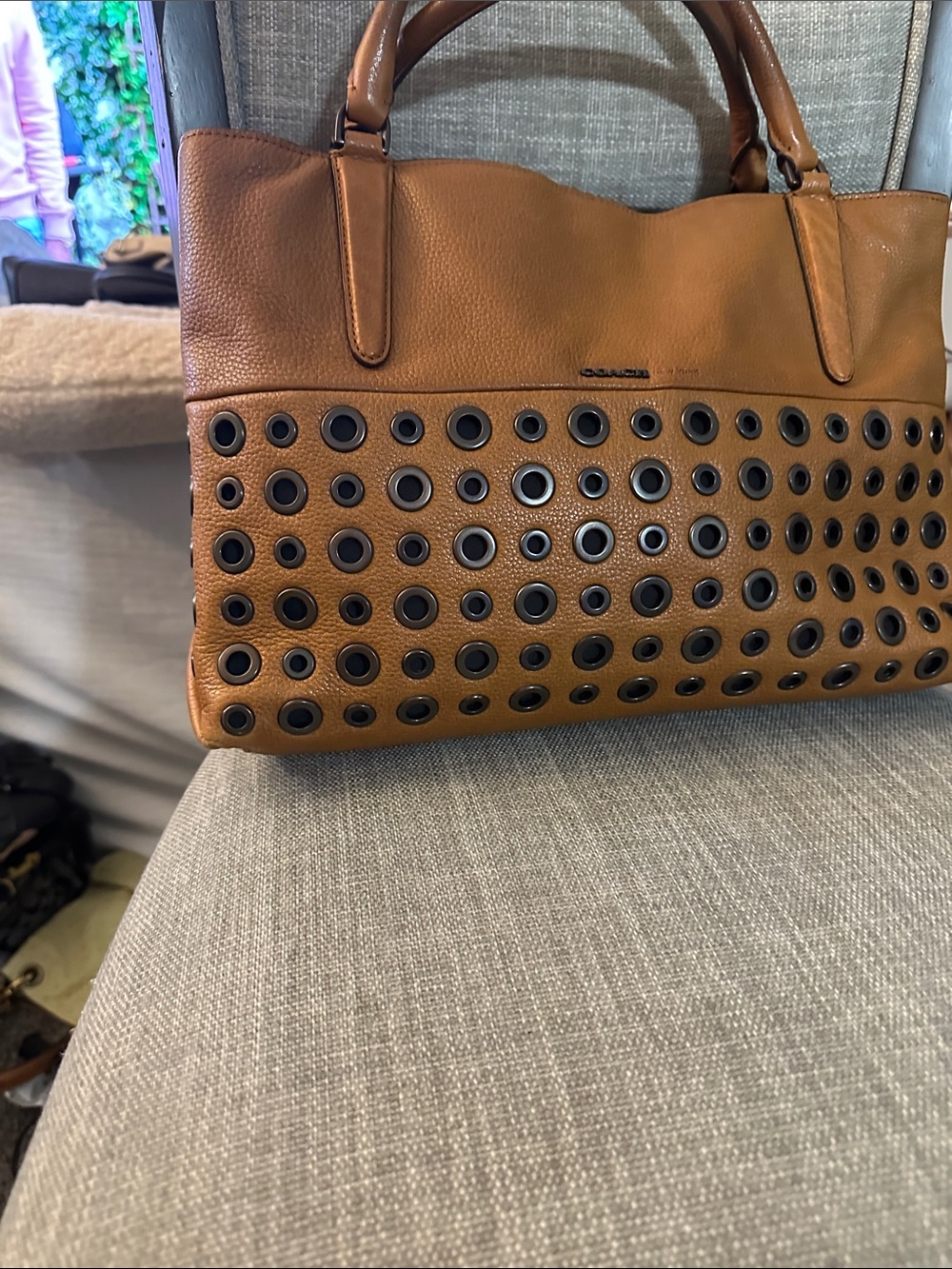 Coach Brown Leather Tote with Black Eyelet Detail